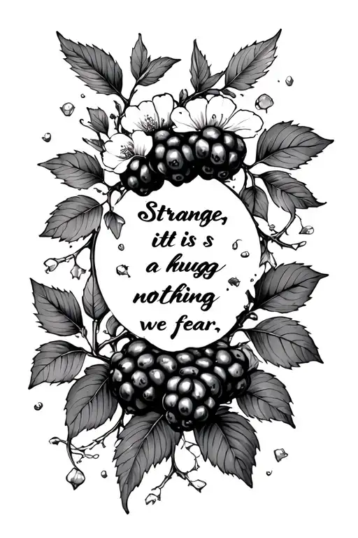 blackberry branch with flowers with vines with quote that says 'Strange, it is a huge nothing we fear' tattoo design idea