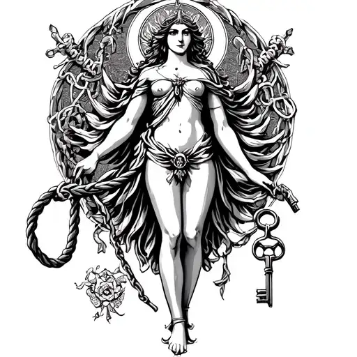 A powerful god figure with a whip and a key, surrounded by elements of bondage and control and a dungeon, goddess tattoo design idea