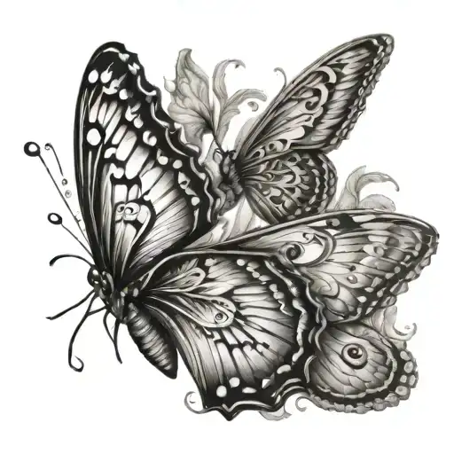 A beautiful butterfly-themed artwork. The butterflies should be in various sizes and positions, with intricate wing patt tattoo design idea