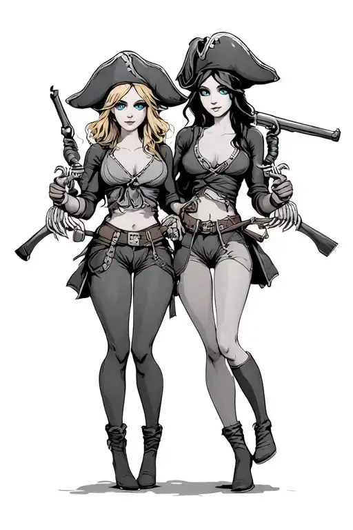two girls selling shrimp and crab claws with blue eyes one has blonde hair one has black and their pirates with muskets tattoo design idea