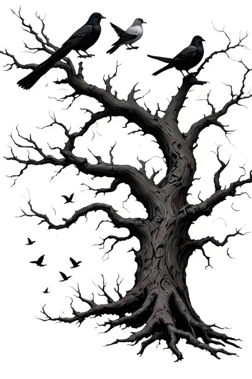 a giant dead tree with doves and crows perched on the dead branches tattoo design idea
