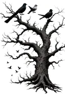 a giant dead tree with doves and crows perched on the dead branches tattoo design idea