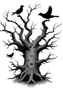 a giant dead tree with doves and crows perched on the dead branches tattoo design idea