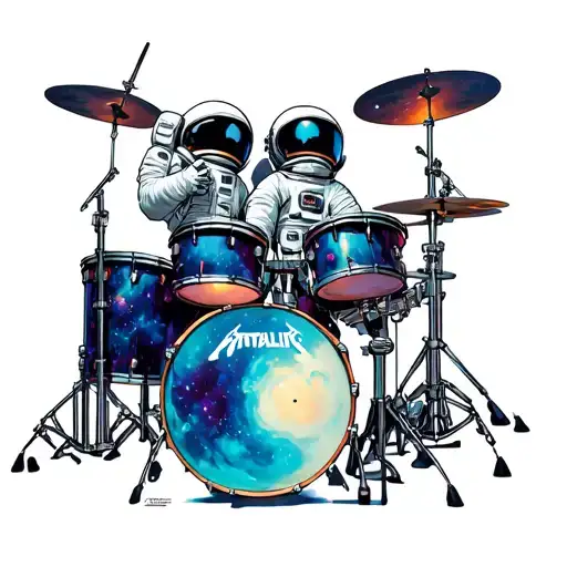 "astronaute, space , metallica" drum set tattoo design idea