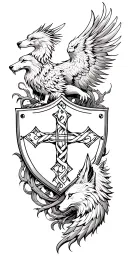 phoenix, 3 wolves midevil sheild with a maltese cross twisted vines weave together the phoenix, wolf and shield. tattoo design idea