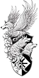 phoenix, 3 wolves midevil sheild with a maltese cross twisted vines weave together the phoenix, wolf and shield. tattoo design idea