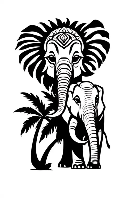 elephant , grayaka mask, coconut tree, sun tattoo design idea