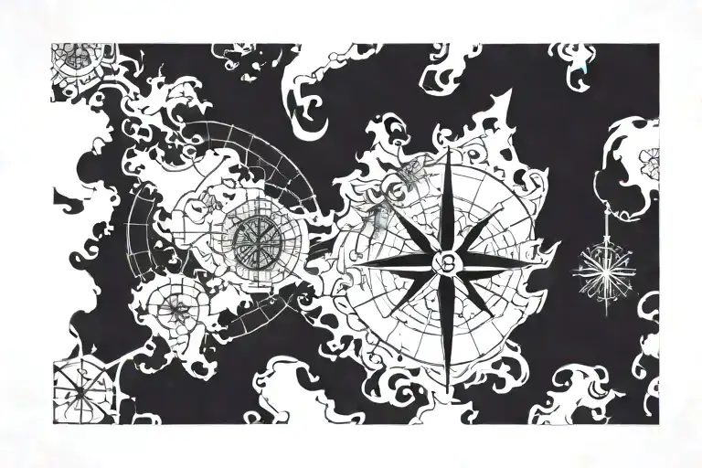 Asian map and compass tattoo design idea