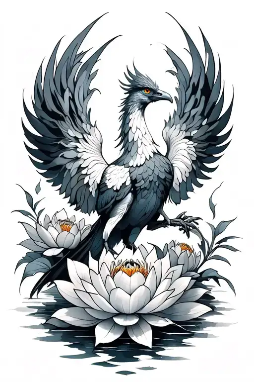 phoenix bird rising lotus flowers tattoo design idea