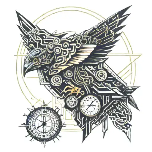 Oriole bird, religious face, harmonica, clock time, memorial style tattoo design idea