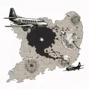 A vintage airplane flying over a map of the world, with landmarks from the client's favorite travel destinations marked tattoo design idea