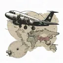 A vintage airplane flying over a map of the world, with landmarks from the client's favorite travel destinations marked tattoo design idea