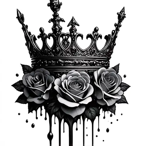 Black melting queen crown  with blac roses around the crown tattoo design idea