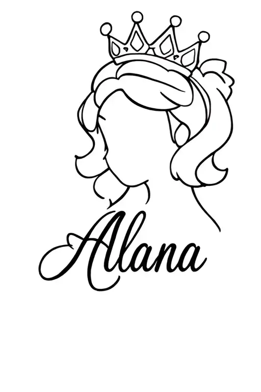 the name "Alana" in cursive with a Princess Peach Crown tattoo design idea