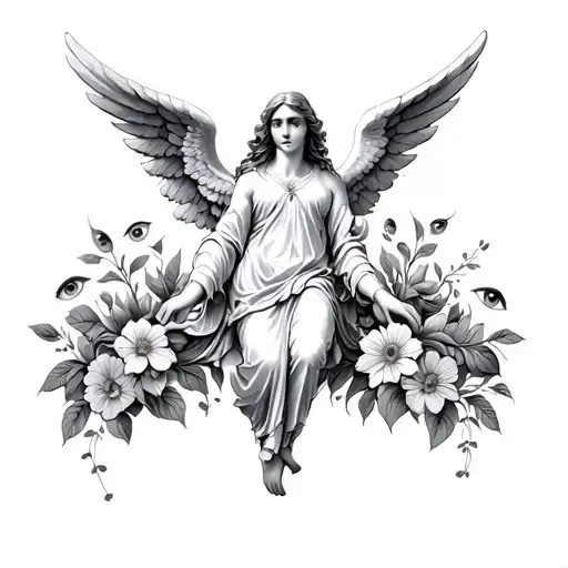 biblically accurate angel with a lot of eyes and flowers surrounding it tattoo design idea