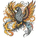 realistic phoenix with detailed feathers and flames rising from the ashes tattoo design idea