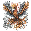realistic phoenix with detailed feathers and flames rising from the ashes tattoo design idea