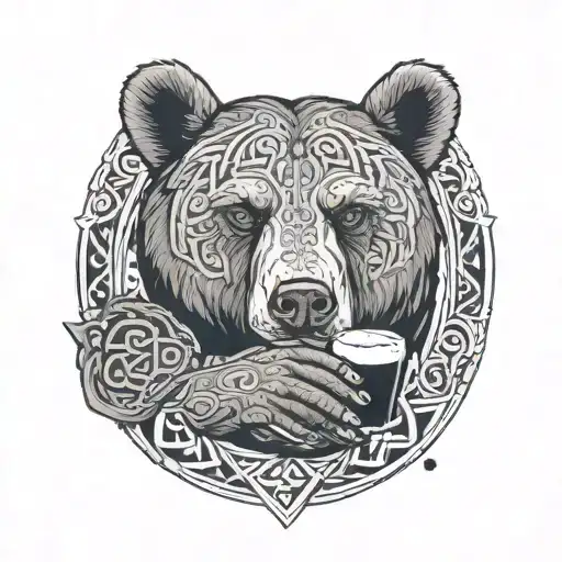 A bear adorned with Celtic patterns and symbols, holding a pint of Guinness in its paw tattoo design idea