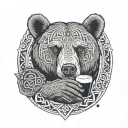A bear adorned with Celtic patterns and symbols, holding a pint of Guinness in its paw tattoo design idea