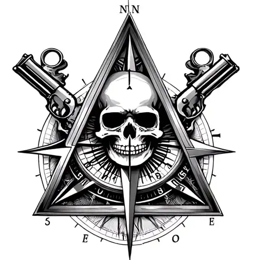 compass, clock, triangle with eye inside, skull, pistol, tattoo model one on top of the other with perfect fit, tattoo f tattoo design idea