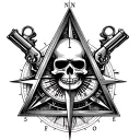 compass, clock, triangle with eye inside, skull, pistol, tattoo model one on top of the other with perfect fit, tattoo f tattoo design idea