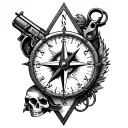 compass, clock, triangle with eye inside, skull, pistol, tattoo model one on top of the other with perfect fit, tattoo f tattoo design idea