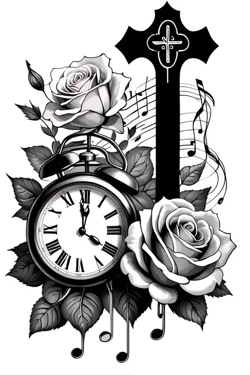 roses, time clock, cross, music, and art supplies  tattoo design idea