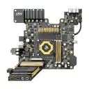 computer Motherboard, cpu chip embedded, graphics card, ram, io plate, wired channels, wires ATX Motherboard gold black tattoo design idea