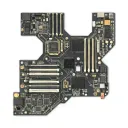 computer Motherboard, cpu chip embedded, graphics card, ram, io plate, wired channels, wires ATX Motherboard gold black tattoo design idea