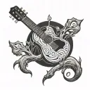 A tattoo design of a guitar being carved out of a tree trunk, with musical notes swirling around it tattoo design idea