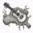 A tattoo design of a guitar being carved out of a tree trunk, with musical notes swirling around it tattoo design idea