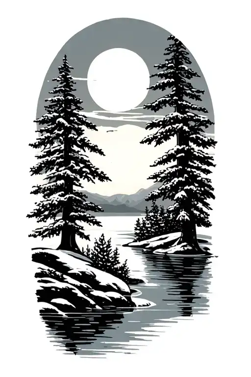 mid century outdoor setting water Sun snow tattoo design idea