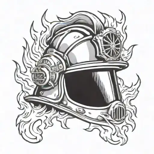 A firefighter helmet engulfed in flames  tattoo design idea