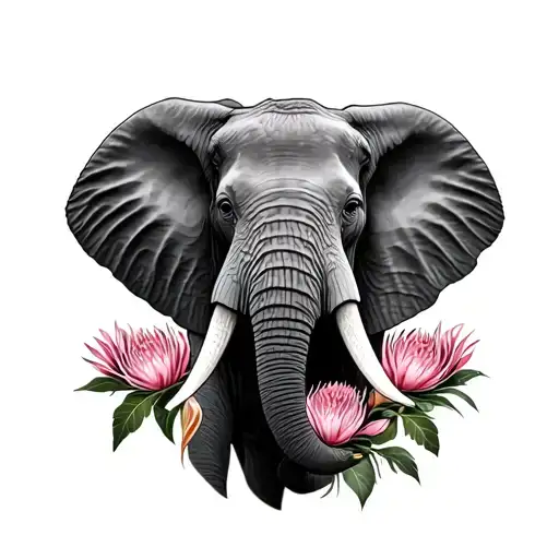 African elephant front profile with king protea flowers at bottom  tattoo design idea