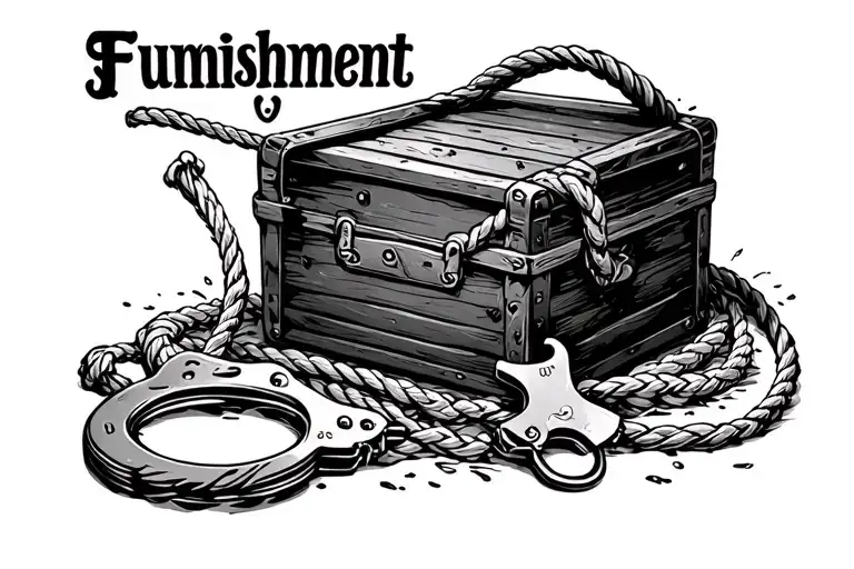 "Funnishment" black toy box with rope handcuffs, riding crop, whip sticking out tattoo design idea