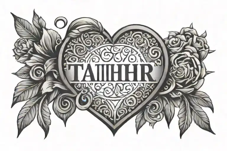 "Tahir" with a heart and 10 30 24 in Roman Numerals tattoo design idea