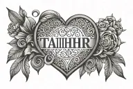 "Tahir" with a heart and 10 30 24 in Roman Numerals tattoo design idea