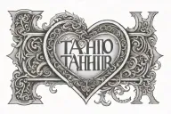 "Tahir" with a heart and 10 30 24 in Roman Numerals tattoo design idea