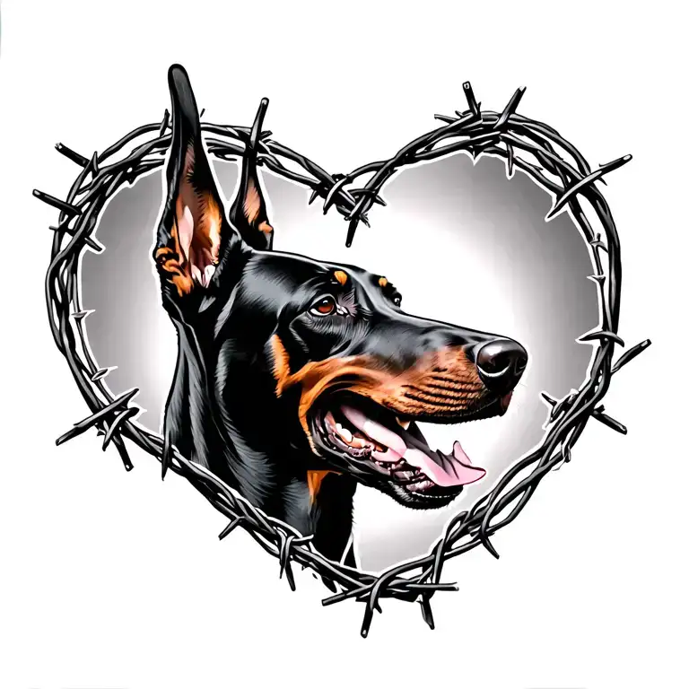 doberman dog barking with barbed wire heart framing tattoo design idea