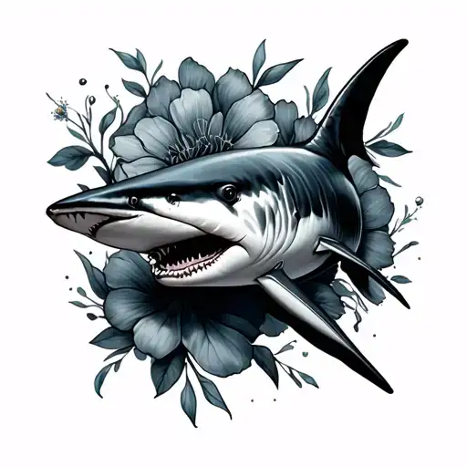 mako shark swimming in august birth flowers tattoo design idea