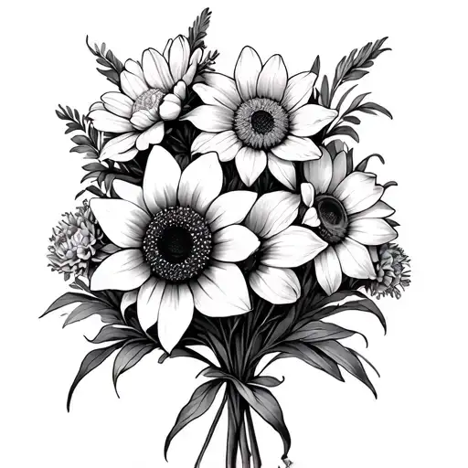 dafodil, aster, marigold, sunflower bouquet tattoo design idea
