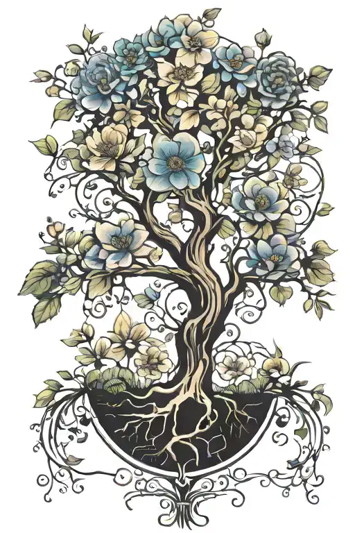 tree of life with May, August, October, November, June birth flowers tattoo design idea