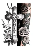 religious forearm sleeve featuring a Cross, rosary necklace, number 777, family name Allen, date 10/17/2004, roses. tattoo design idea