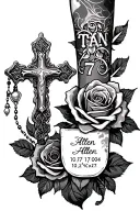religious forearm sleeve featuring a Cross, rosary necklace, number 777, family name Allen, date 10/17/2004, roses. tattoo design idea