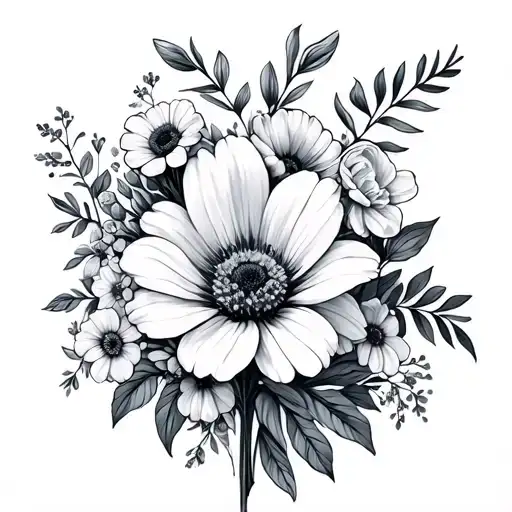 flower bouquet of March, July, August, September, October, December and 2 April birth flowers  tattoo design idea