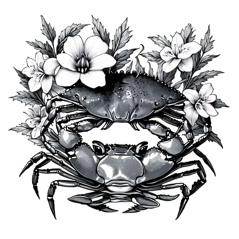 Delphinium and crab tattoo design idea