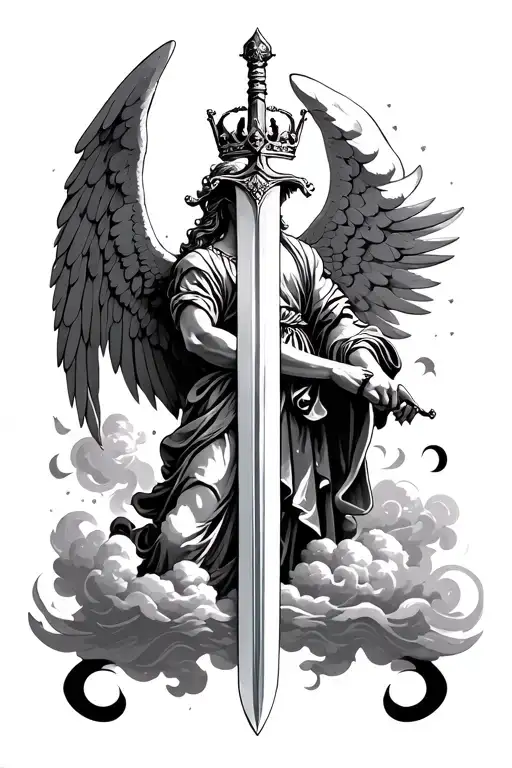 st Michael arch angel with crown and clouds and sword tattoo design idea