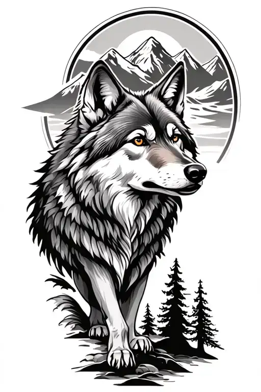 wolf  and woods and mountains tattoo design idea
