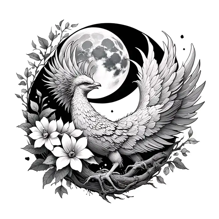 Phoenix,tree,Flowers , full  moon tattoo design idea