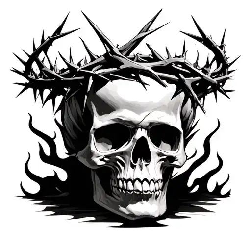 crown of thorns on a flaming skull tattoo design idea